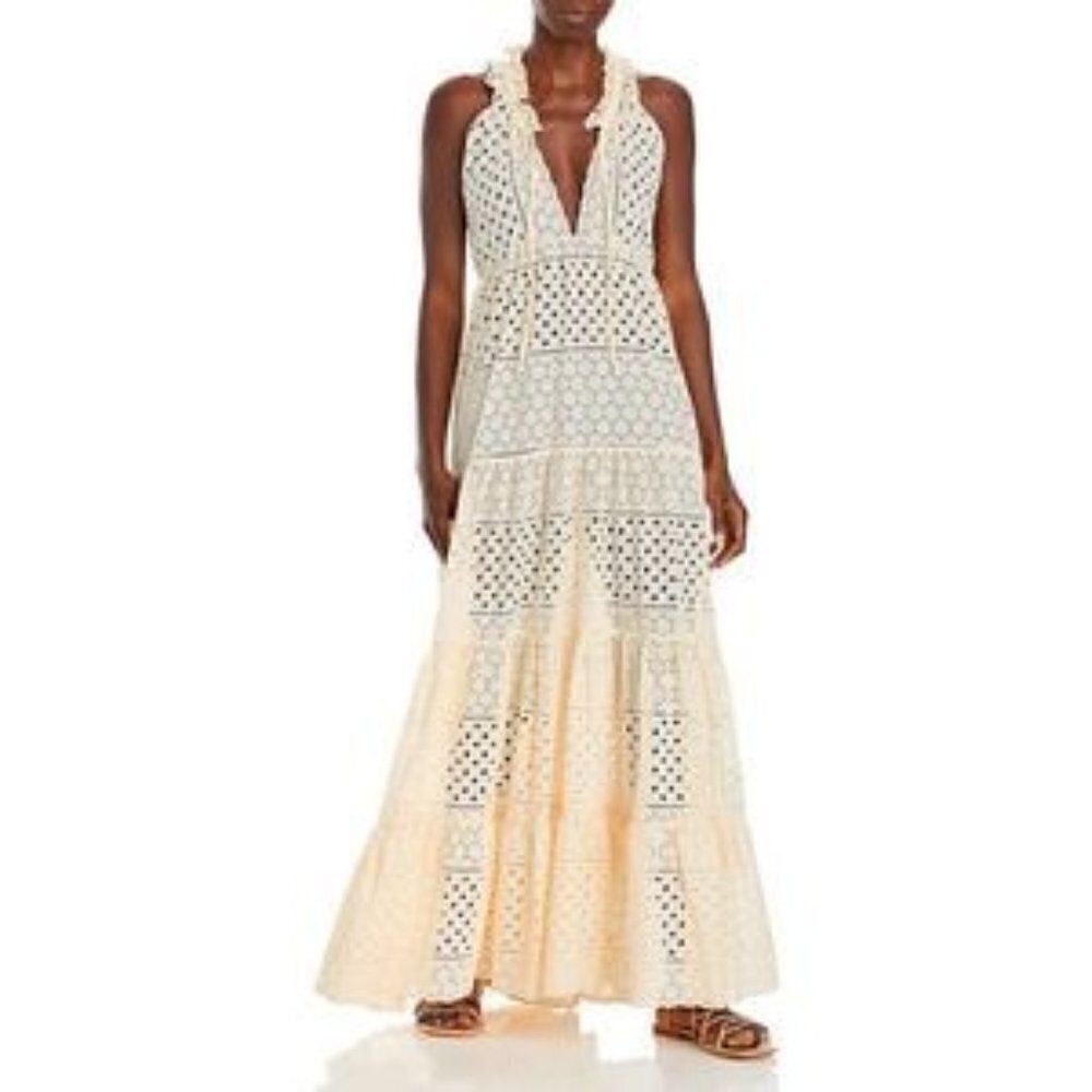 Charina Sarte V-neck Eyelet Tiered Maxi Dress NWOT